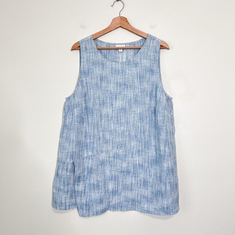 J Jill Pure Jill 100% Linen Blue White Sleeveless Tunic Top Size L Petite - Picture 3 of 9